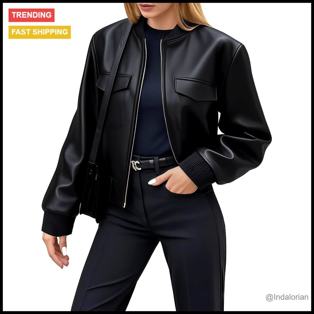 Faux Leather Cropped Bomber Jacket Chic Y2k Casual Streetwear Going Out